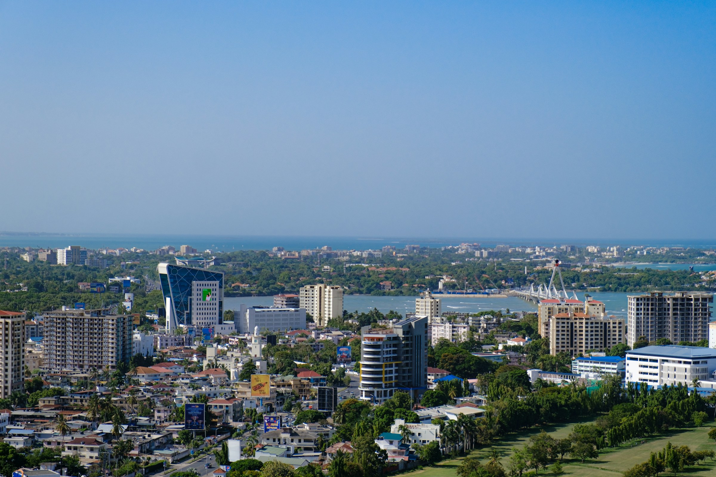 Dar es Salaam, aerial of the metropolitan skyline along the Indian Ocean